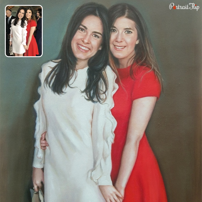 Acrylic painting of two women where one is standing behind another