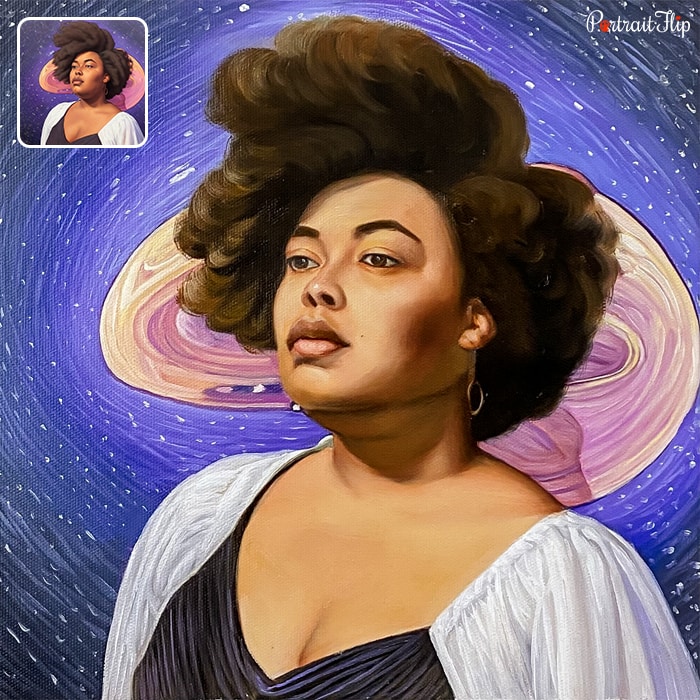 Acrylic painting of a woman in a starry background