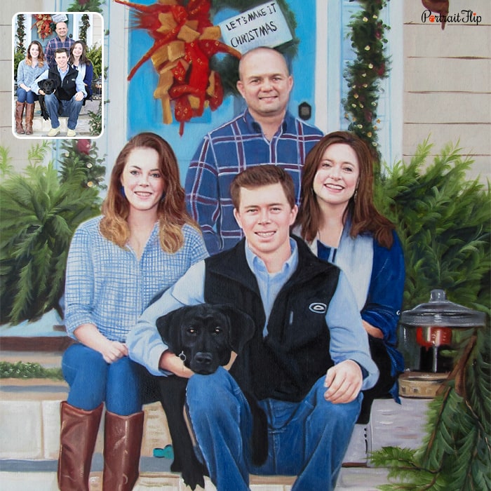 Acrylic painting of a family where a bald man is sitting behind two women and a young man holding dog