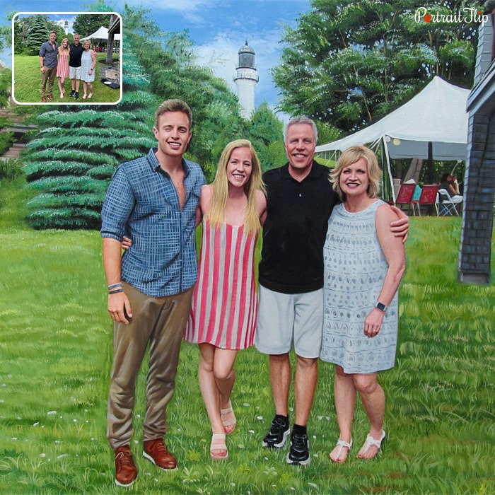 Acrylic painting where a young man, woman and an elder man and woman are standing close together in a garden background
