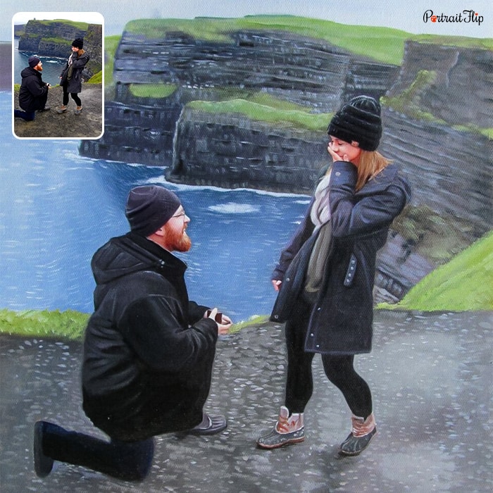 Acrylic painting of a couple where the man is in kneeling position with a ring in his hand facing towards the woman