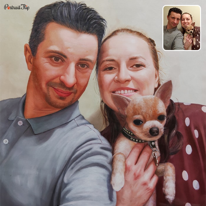 Acrylic painting of a man taking selfie and a woman holding a dog in her hands