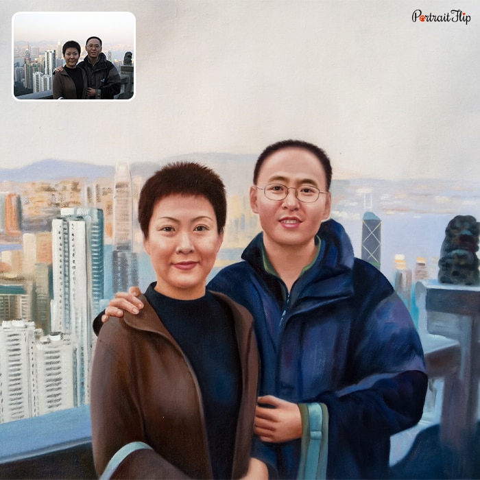 Acrylic painting of a man and a woman standing next to each other with city view in the background