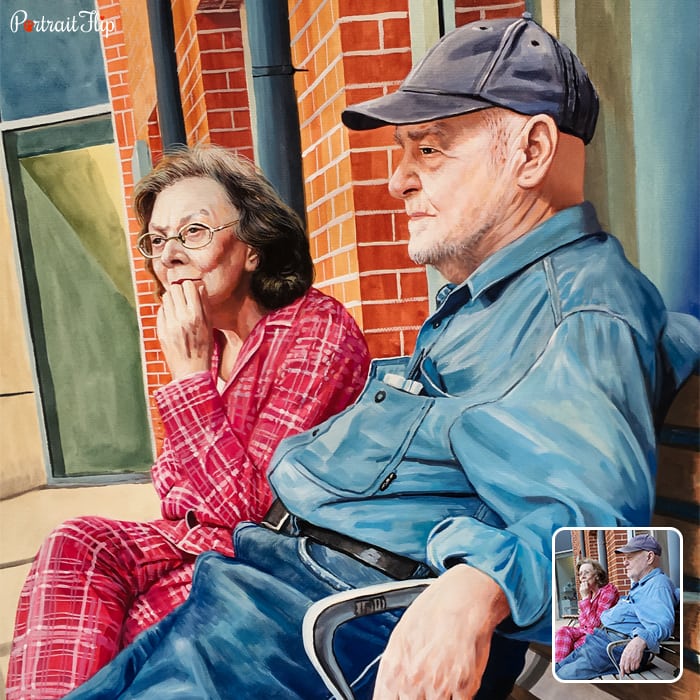 Anniversary portraits of an old couple who are sitting on a bench