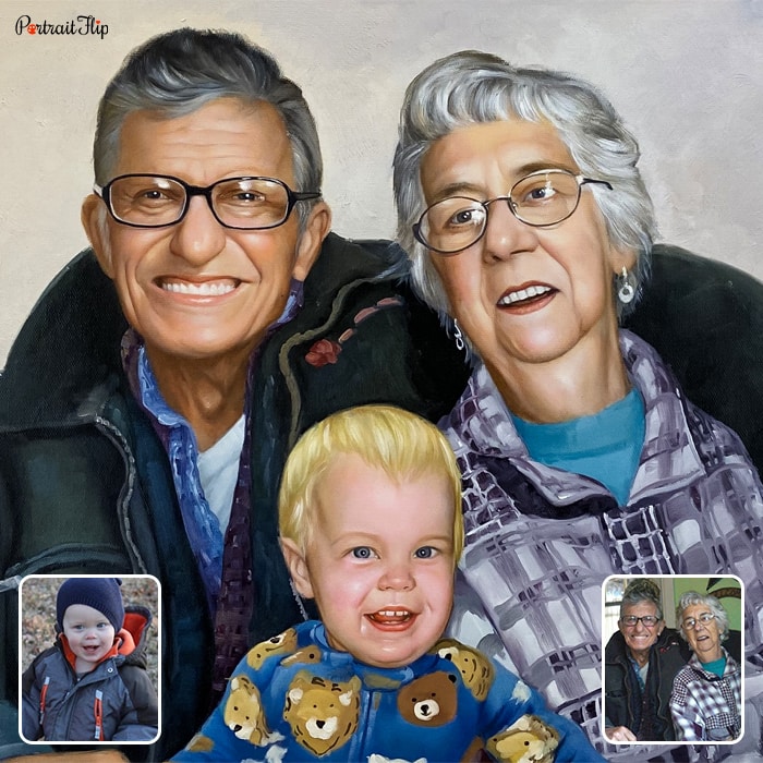 Anniversary portraits of an old couple where the man and woman are sitting closely with a baby boy placed in front of them