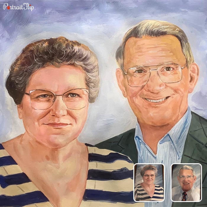 Anniversary portraits of an old couple who are placed next to each other