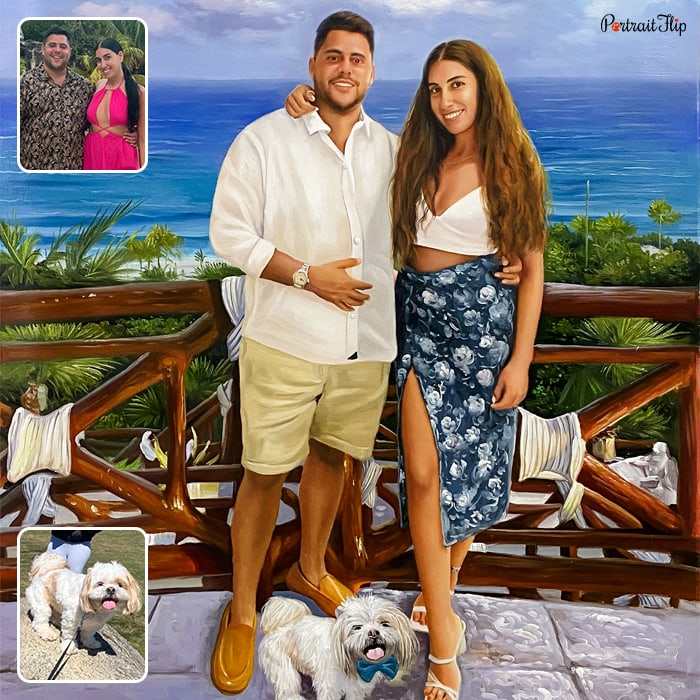 Compilation picture of a couple standing close together along with a dog below them is anniversary portraits