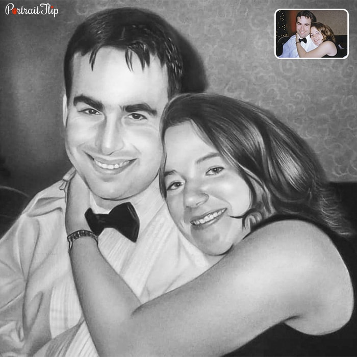 Anniversary portraits of a couple where the woman’s arm is around man’s chest