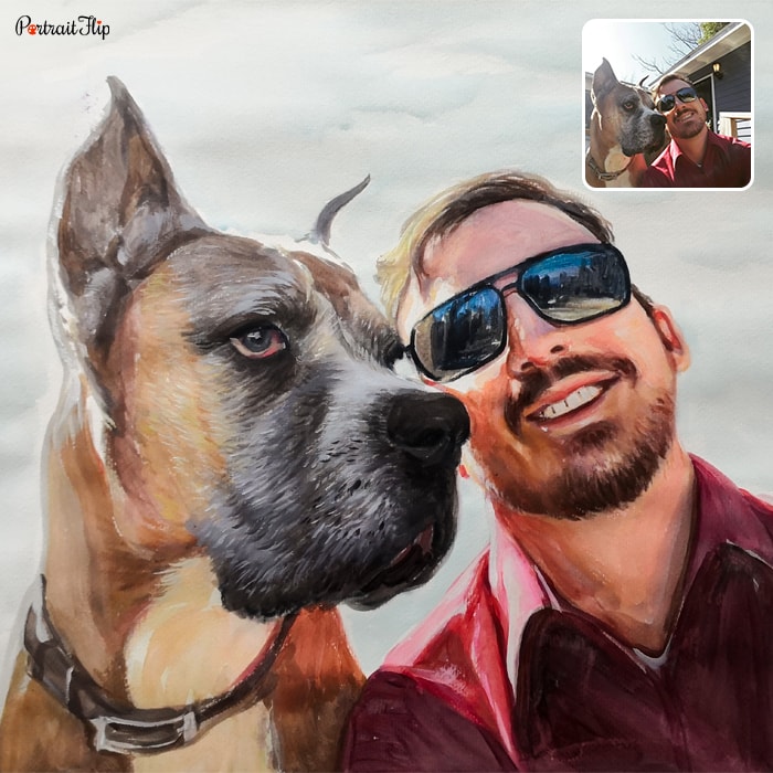 Watercolor painting of a man taking selfie with his dog