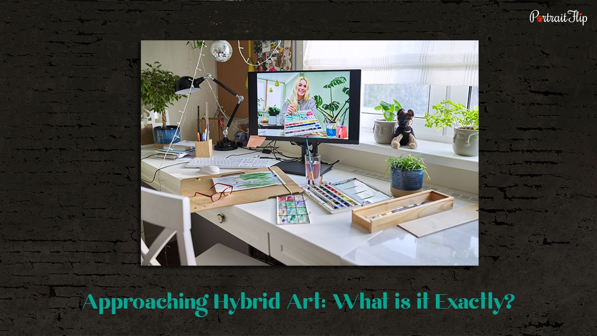 An example of hybrid art, where a screen shows a woman recording herself doing traditional art while also taking the help of digital tools.