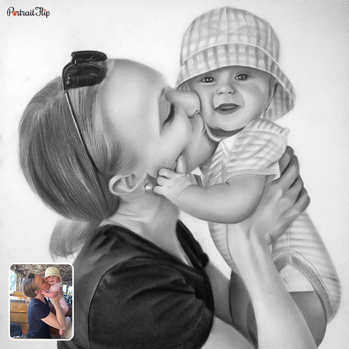 Baby portraits of a woman kissing a baby's cheeks while holding him in the air