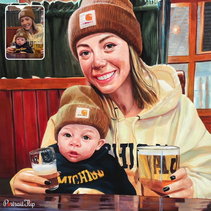 Pastel painting where a woman is sitting with a baby on her lap and holding two beer glasses in her hand