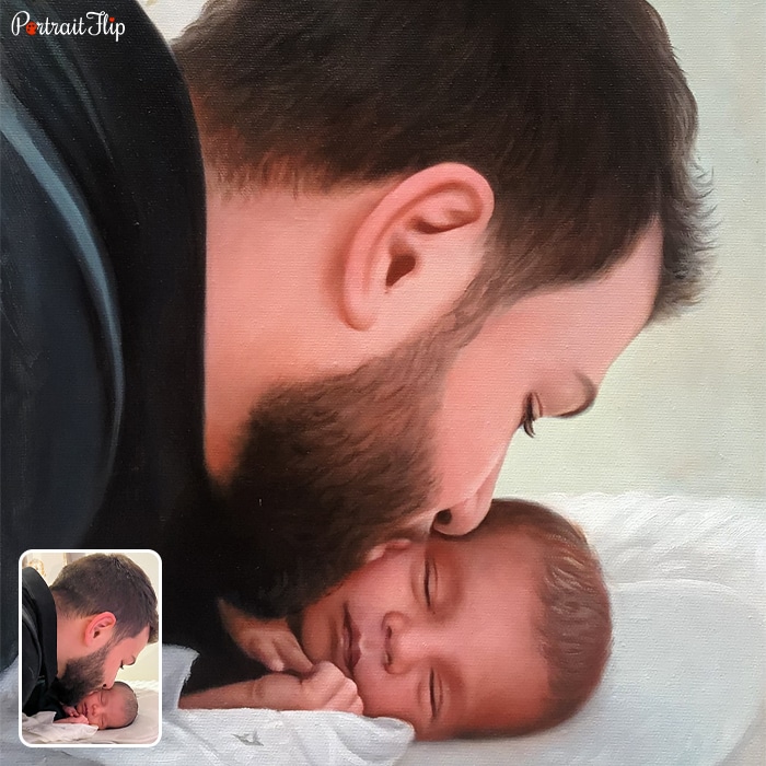 Oil painting of a man kissing cheeks of newborn baby