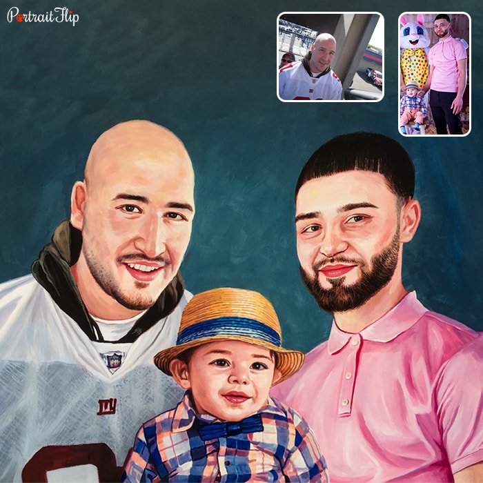 Compilation picture where a baby boy wearing a hat is placed between two men