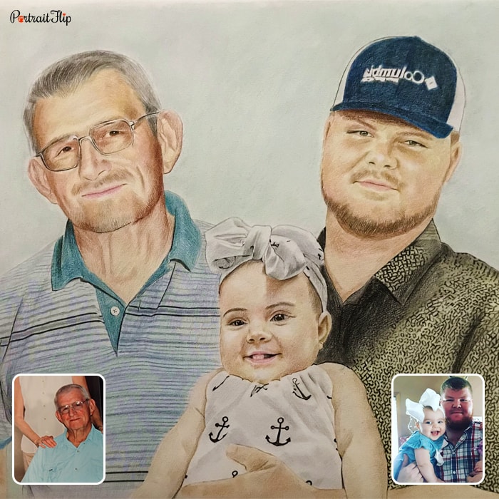 Colored pencil painting of a baby in a man’s arm along with another man beside them