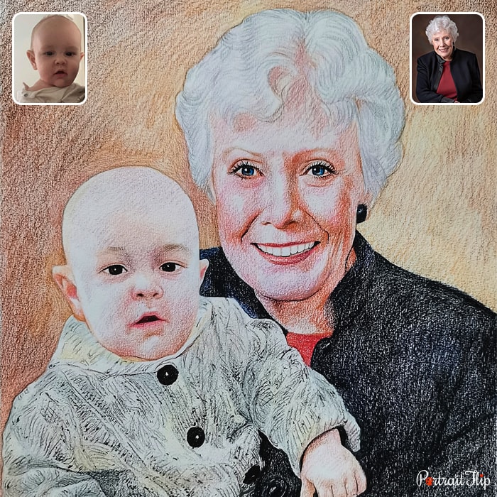 Compilation colored pencil painting where an old woman and a baby is placed next to each other