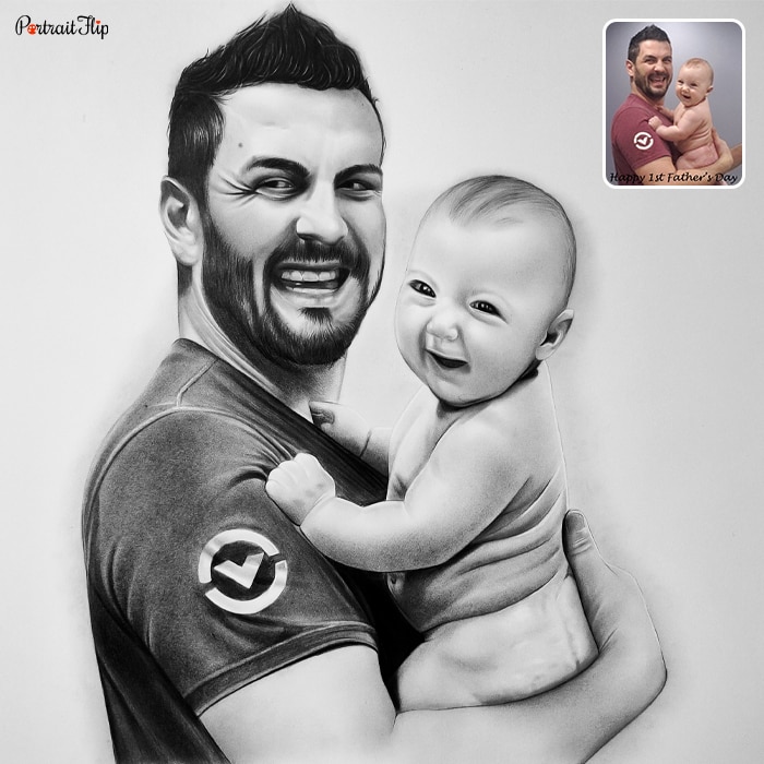 Pencil painting of a man holding a naked baby in his arms