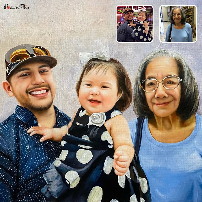 Compilation picture of a man holding a baby in his arms with an old woman placed beside them is a baby portraits