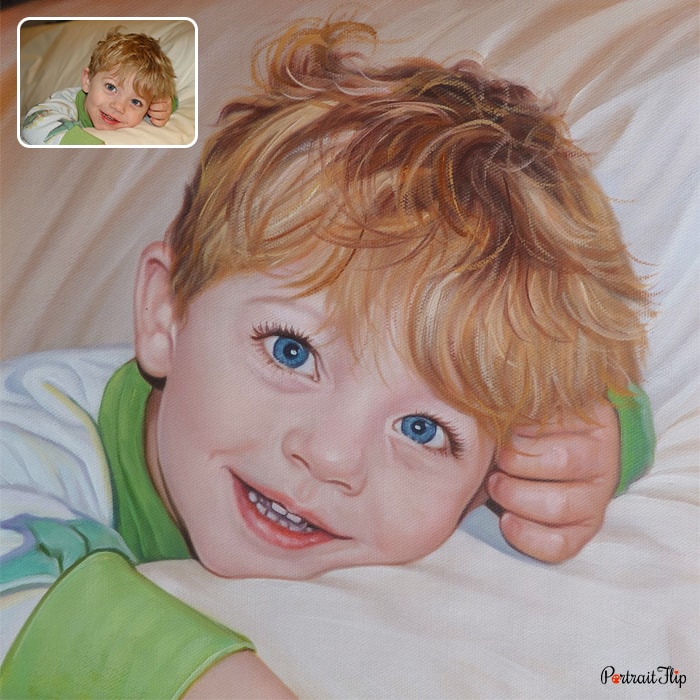 Acrylic painting of a boy with blue eyes lying on bed