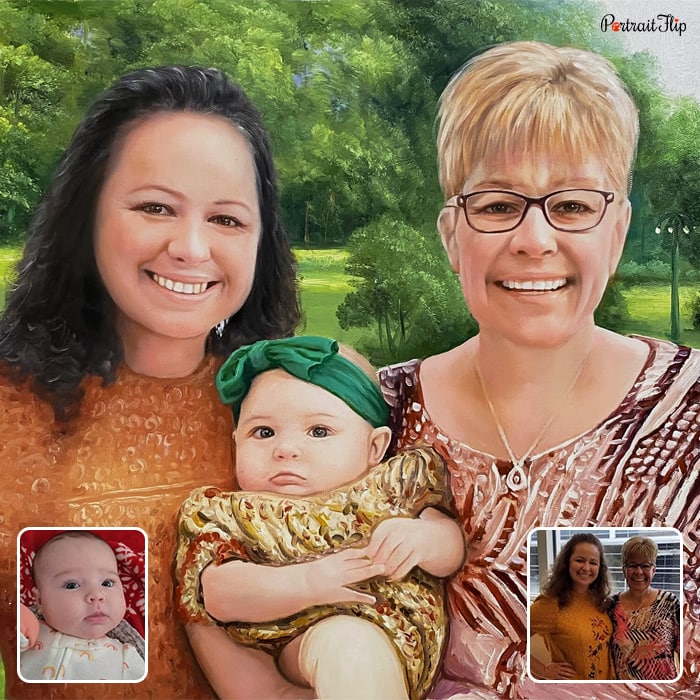 Baby portraits where a baby girl is between two ladies