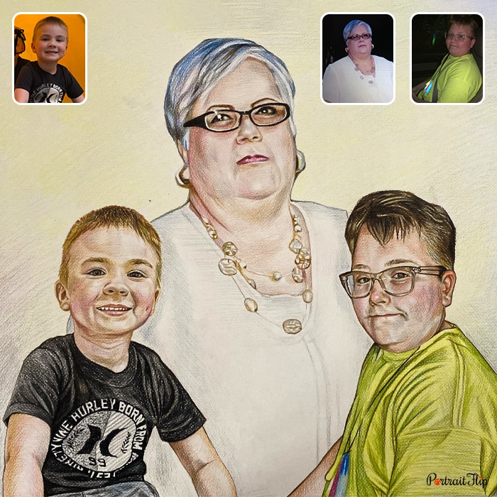 Colored pencil painting of an old woman with two young boys beside her