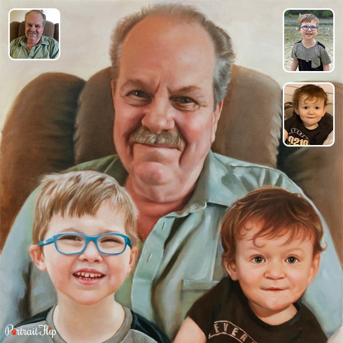 Compilation picture of an old man with two baby boys placed on his lap is baby portraits