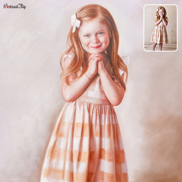 Baby portraits of a young girl in check dress with folding hands that indicate the gesture of prayer