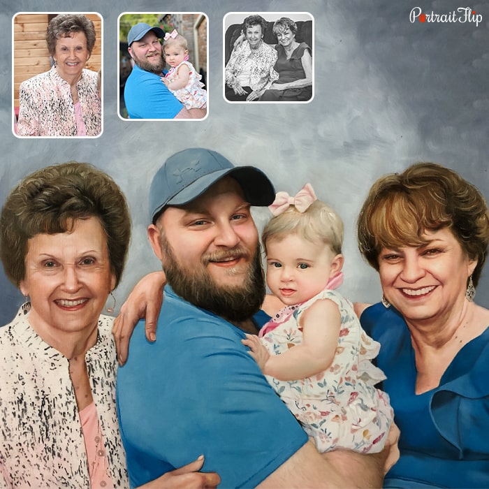 Compilation picture of two old women standing in the corner with a man holding a baby girl in his arms
