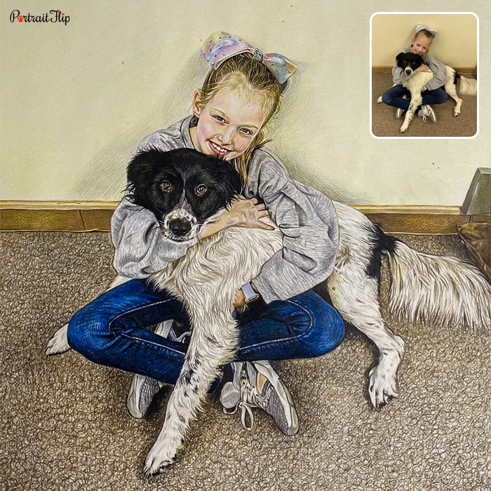 Colored pencil painting of a young girl holding a dog in her arms