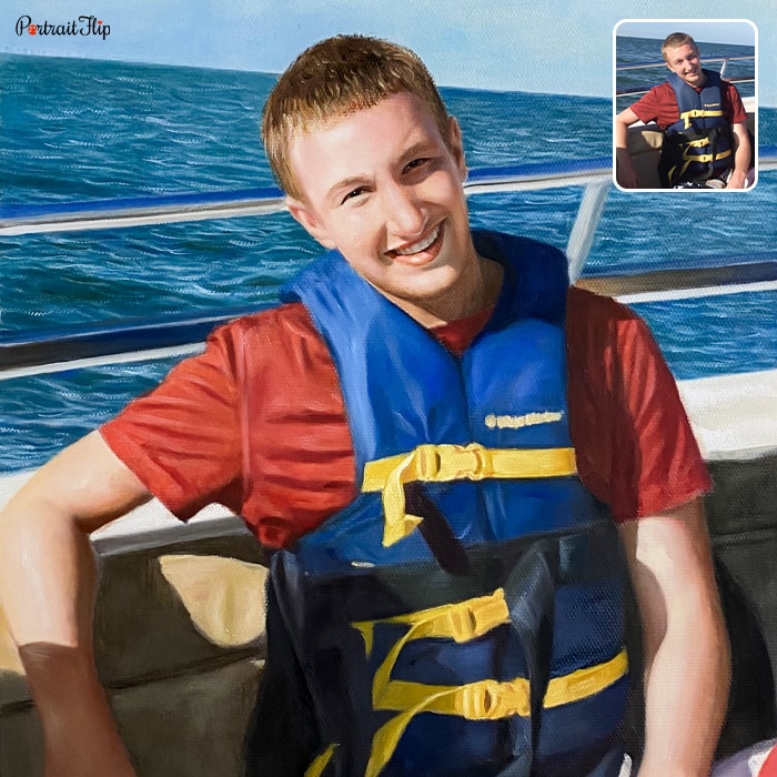 Pastel painting of a teenage boy wearing a lifejacket while sitting in a boat with a sea in background