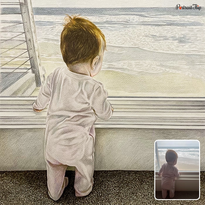 Colored pencil painting of a baby standing near a window while facing towards the seashore