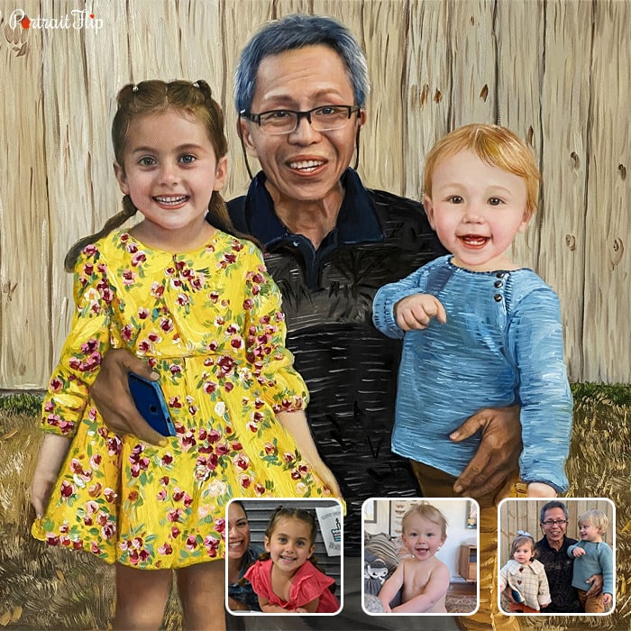 Compilation painting where a old woman is standing with two children beside her