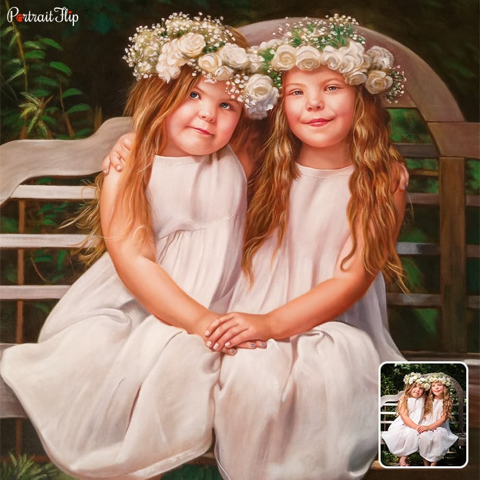 Oil painting of two young girls sitting on a wooden bench wearing angel outfits with tiaras on their heads