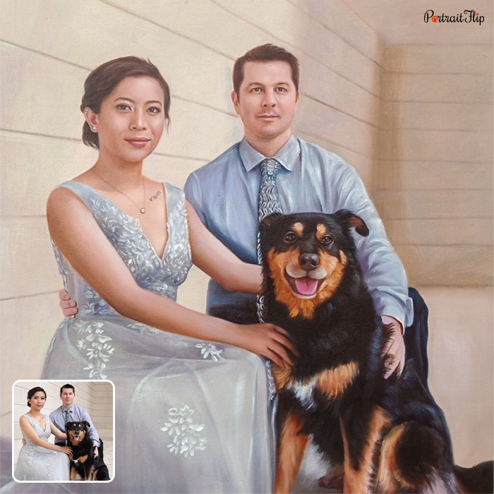 Oil painting of a man and a woman sitting with a dog beside them