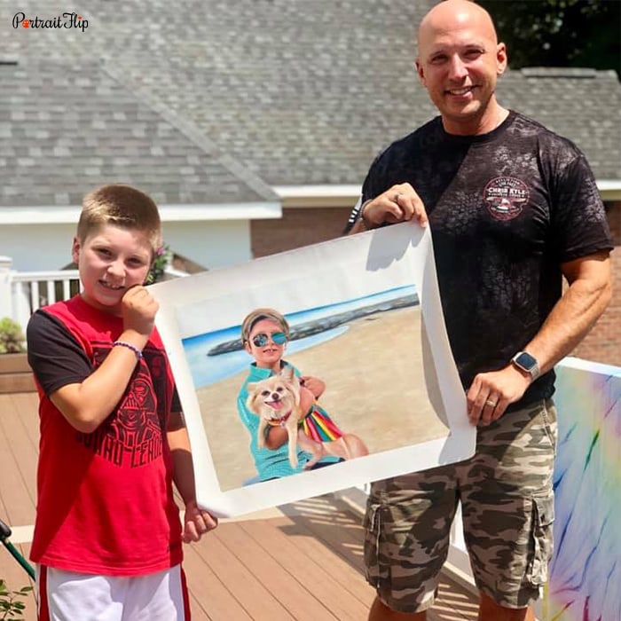 Picture of a boy and a man holding the edges of birthday portraits that include the boy with a dog in a beach background