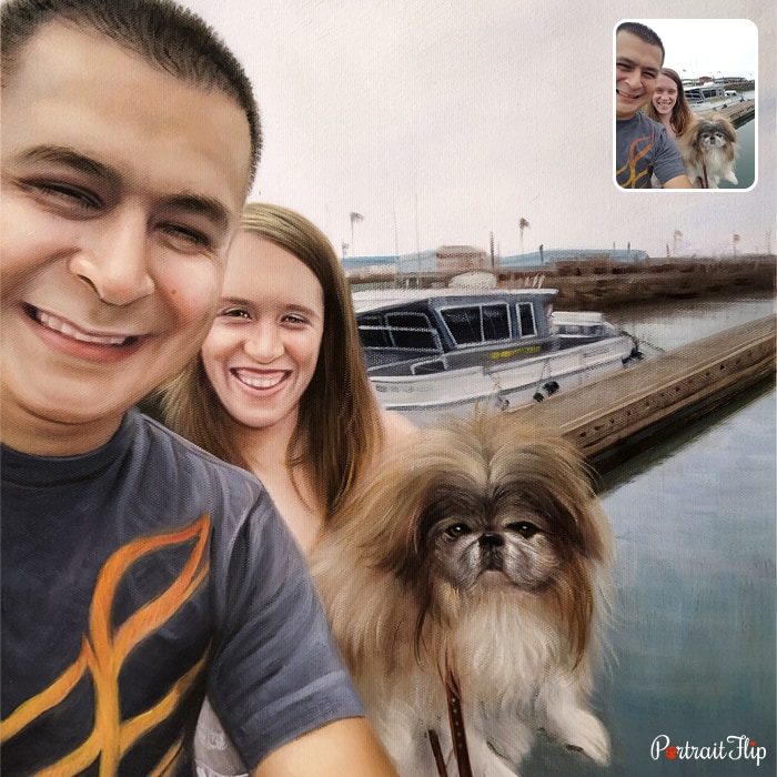 Picture of a man taking selfie with a woman and a dog with a boat in background