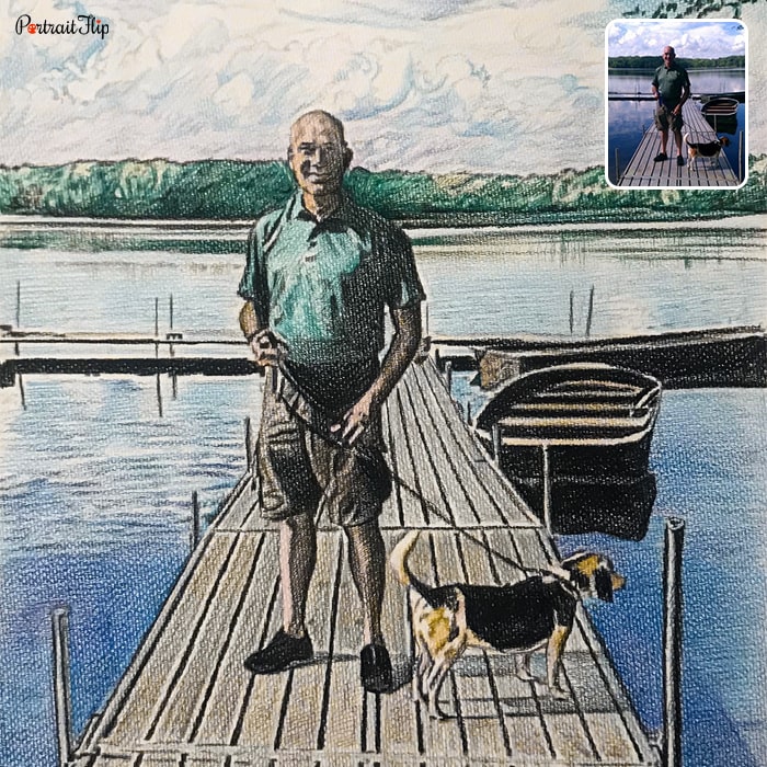 Picture of a man with his dog standing near a lake with a boat near him