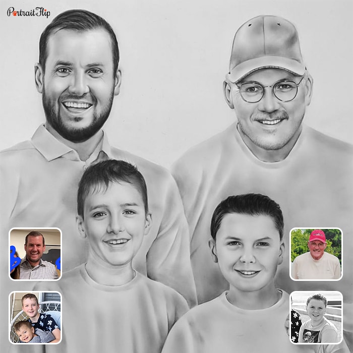 Compilation charcoal paintings where two men are placed behind two young boys
