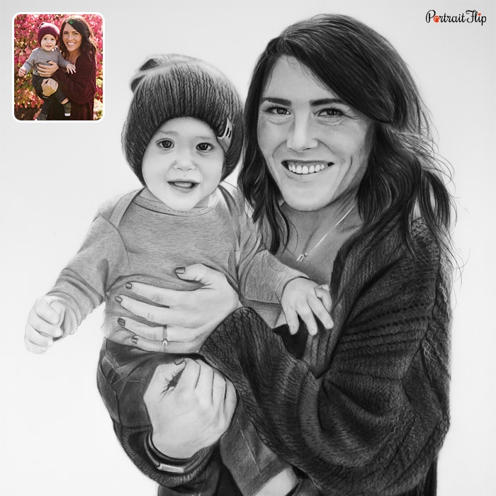 Picture of a woman holding a baby in her arms is converted into charcoal paintings
