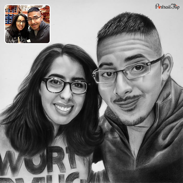 Charcoal paintings of a man and a woman taking selfies