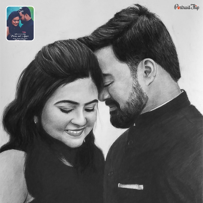 Charcoal paintings of a couple embracing each other