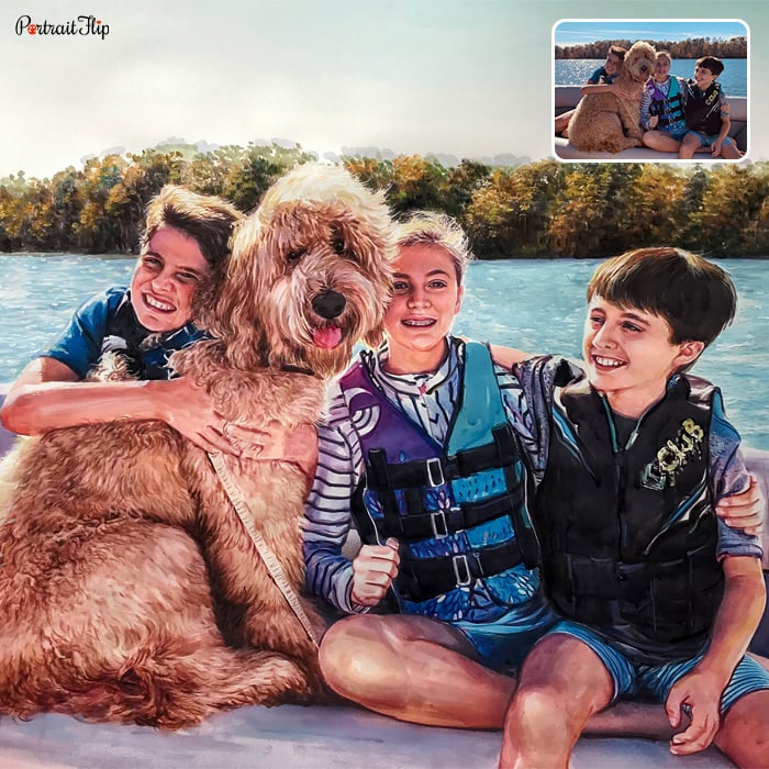 Watercolor painting of two boys and a girl sitting in a sea background along with a dog