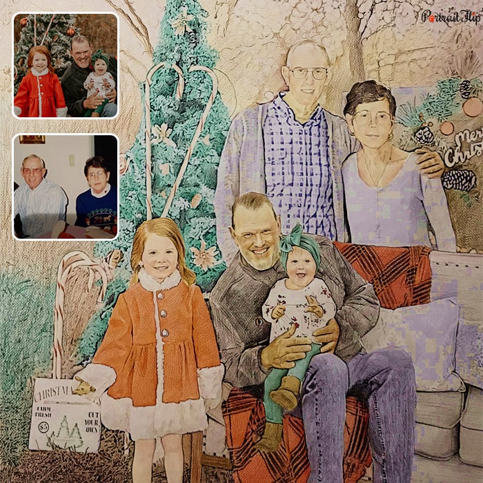 Christmas portraits where a couple is standing behind a couch on which a man is sitting with a baby in his arms and a girl standing next to him