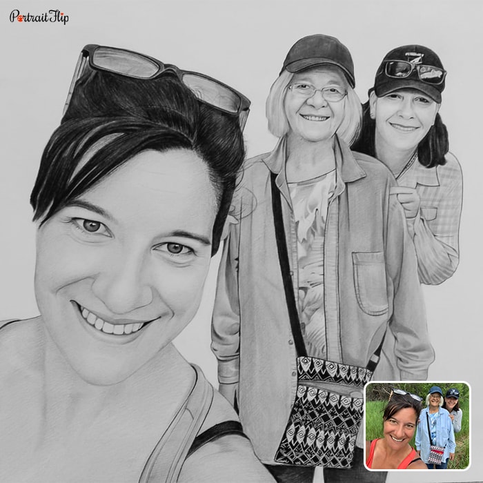 Pencil painting of a woman taking selfie with an old lady and a young woman standing behind her