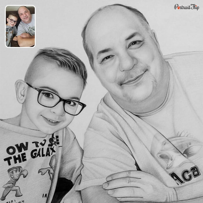 Pencil painting of a semi bald man and a young boy sitting near each other