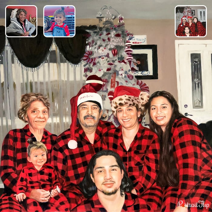 Compilation of a family picture where an old woman, a man, an elder woman, a teenage girl and a boy, along with a young baby in old lady's lap, are sitting on a couch wearing same red-black check dress