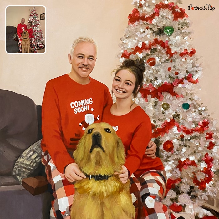Christmas portraits where a man and a woman are sitting on couch along with their dog and a christmas tree behind them