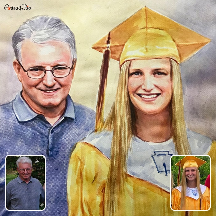 Compilation picture of an old man and a girl in graduation outfit placed next to each other