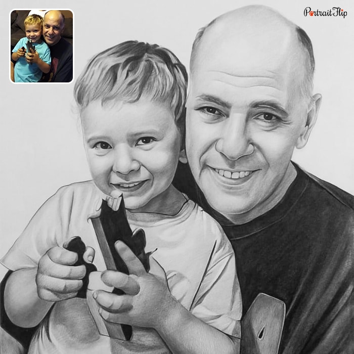 Pencil painting of a bald man with a boy in his arms