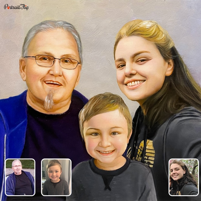 Christmas portraits where a baby boy is placed between an old man and a teenage girl